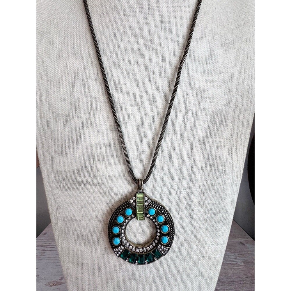 VTG Avon SAQ Art Deco Style Pendant Blue Green Rhinestone Bronze Tone Necklace